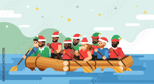Festive Crew Rowing Through Water With Christmas Hats Celebrating the Holiday Season