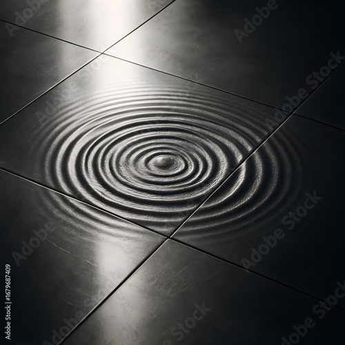 Water Ripple on Tile: A close-up, artistic capture reveals the serene beauty of water ripples expanding across a dark, tiled surface. Minimalist and elegant.
