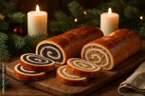 Traditional Hungarian bejgli cake with poppy seed and walnut filling on a festive Christmas table
