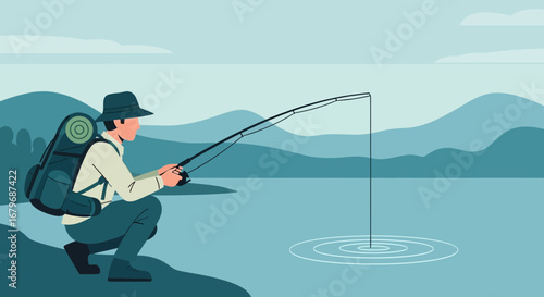 Fisherman Casting Fishing Rod While Enjoying Lakeside Moments And Blue Mountain Views