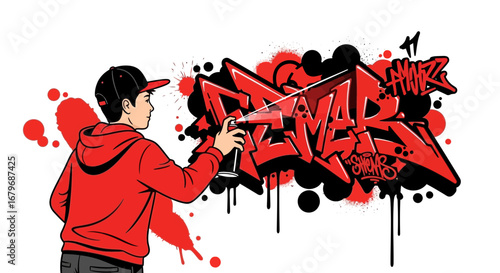 Energetic Young Artist Spraying Vibrant Graffiti Illustration On White Background
