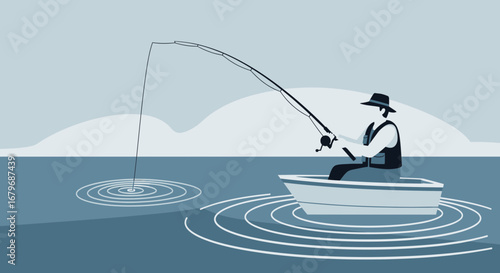 Fisherman Casting Rod In Calm Waters, Minimalist Illustration Of Fishing Recreation