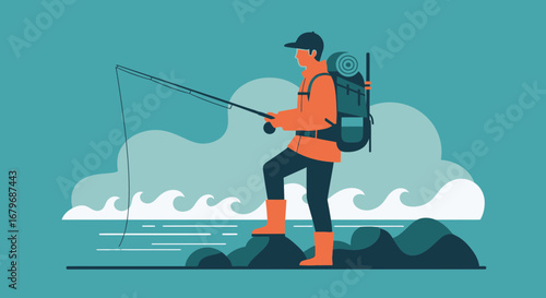 Fisherman Casting A Line On Rocky Coastline, Adventure and Exploration Concept Illustration
