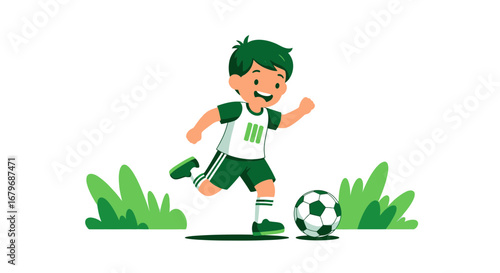 Energetic Young Boy Kicking A Soccer Ball On The Grassy Field Playing Football