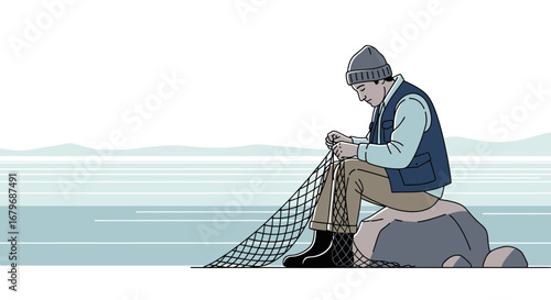 Fisherman Repairing Nets With Patience At Seaside In A Calm And Serene Environment