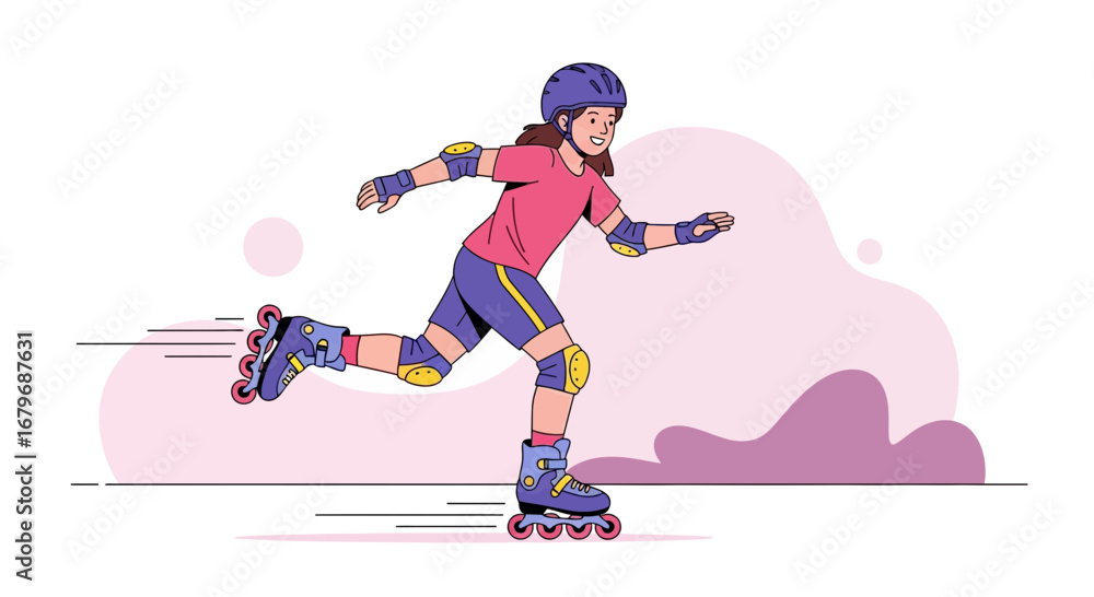 Fototapeta premium Energetic Youthful Figure Gliding With Roller Skates Amidst Pink Hues For Recreational Activity