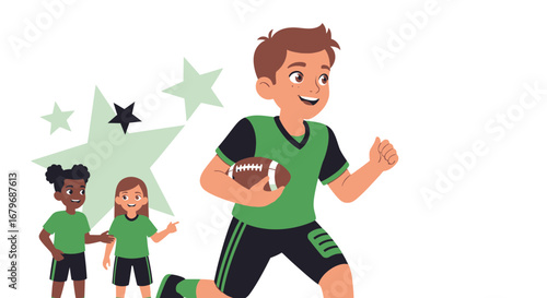 Energetic Youthful Football Player with Teammates Celebrate the Sporting Event