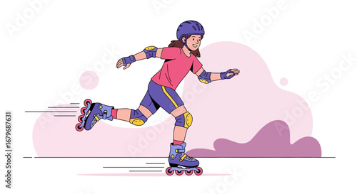 Energetic Youthful Figure Gliding With Roller Skates Amidst Pink Hues For Recreational Activity