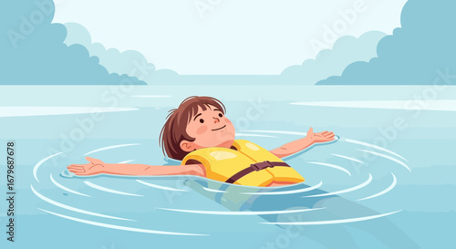 Floating Kid Smiling Enjoying The Water While Wearing A Safety Life Jacket Outdoors