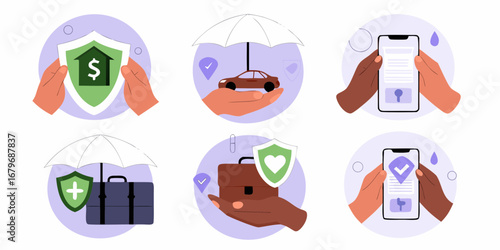 Collection of diverse insurance protection concepts for home car travel and health with digital security