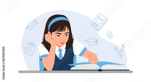 Focused Student Concentrating On Studies, Deep In Thought, With Study Elements