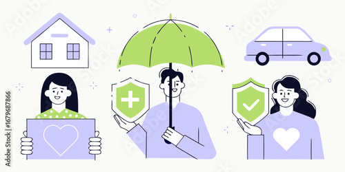 Diverse people and symbols representing different types of insurance coverage and protection