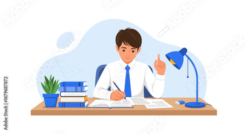 Focused Student Studies Diligently, Generating Ideas, Illustrating Educational Endeavors