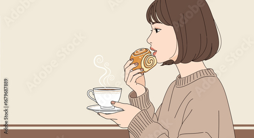 Enjoying Cinnamon Roll and Coffee Moment: A Peaceful Scene of Morning Indulgence