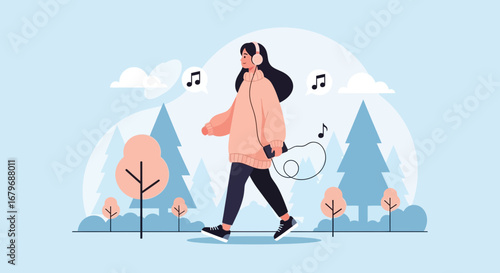 Enjoying Music During A Walk In Nature, An Illustration of Relaxation And Lifestyle