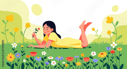 Enjoying Nature: A Woman Relaxes Among Blooming Summer Flowers in Green Meadow