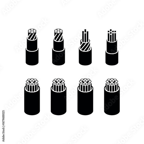 Black and white icons of electrical wire cross sections on white background cable conductor