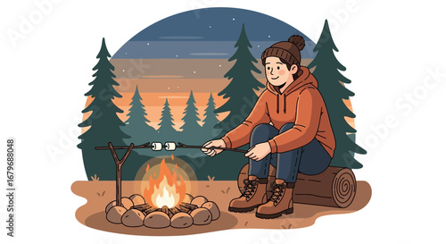 Enjoying Roasting Marshmallows Over Campfire Under The Twilight Sky at the Forest