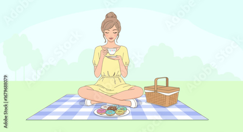 Enjoying Serenity: Relaxing Picnic Moment With Tea, Donuts, And Pleasant Outdoor Setting