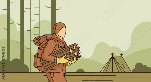 Forest Explorer Carrying Firewood Towards a Tent Ready For Campfire and Cozy Evening