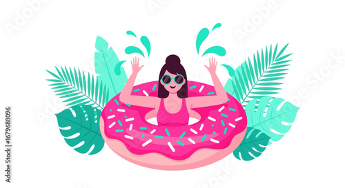 Enjoying Summer Relaxing On A Donut Float With Palm Leaves And Water Splashes