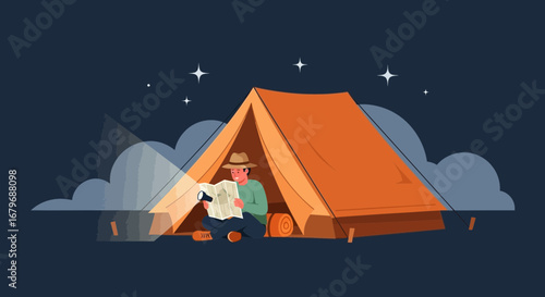 Enjoying The Night's Adventure: A Camper Examines A Map Within His Tent