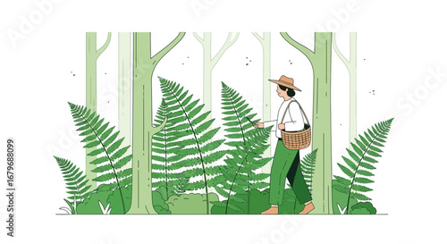 Forest Forager: A Person Harvesting Ferns Amidst Lush Greenery With Basket in Hand