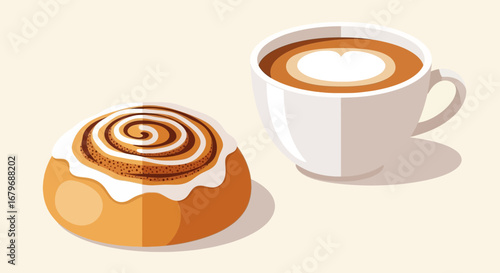 Freshly Baked Cinnamon Roll Beside A Delicate Cup of Coffee Illustration