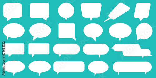 Collection of diverse white speech bubbles and thought bubbles in various shapes and sizes on a teal background