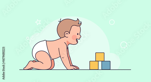 Enthusiastic Baby Inspecting Toy Blocks Against a Light Green Gradient Background