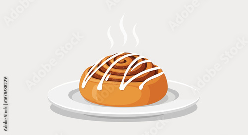 Freshly Baked Cinnamon Roll With Glossy Icing And Warm Steam On A Simple Plate