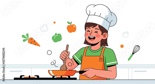 Enthusiastic Chef Preparing Delicious Meal With Fresh Vegetables and Cooking Utensils