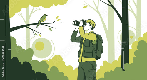 Enthusiastic Birder Observes a Native Avian Species in a Lush Woodland Environment Scene