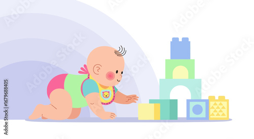 Enthusiastic Infant Reaches Out to Interactive Play Build And Wooden Cubes Colorful