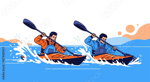 Enthusiastic Paddlers Compete, Kayaking in Motion, Splashes of Water, Adventure