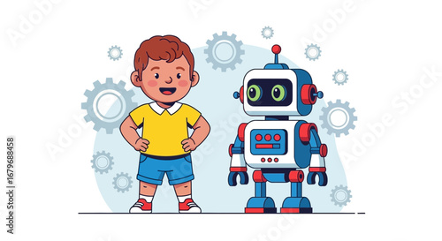 Friendship Illustrated: A Young Boy Standing Joyfully with Friendly Robot Companion