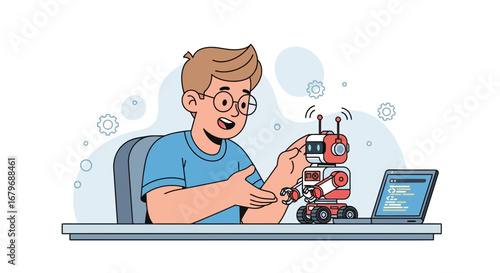 Enthusiastic Person Interacting With A Robot On A Desk, Demonstrating Tech Innovation