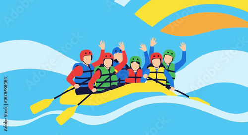 Enthusiastic Rafting Team Navigates Turbulent Waters Together, Spreading Cheerfulness