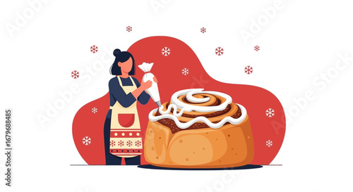 Frosting Freshly Baked Cinnamon Roll with Decorative Sprinkles Winter Baking Illustration