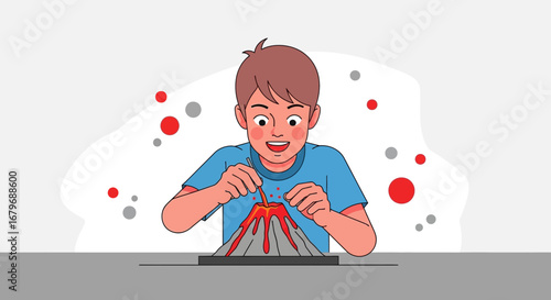 Enthusiastic Youngster Crafting A Simulated Volcanic Eruption For A Science Project