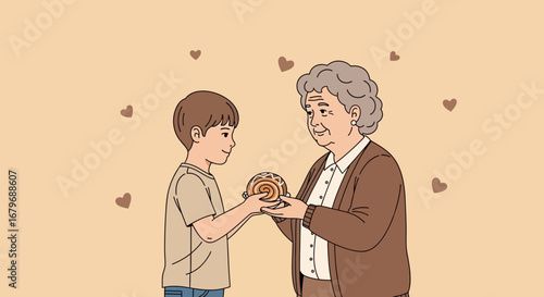 Generous Sharing Of The Fresh Baked Pastry Between Grandson And Grandmother Illustration