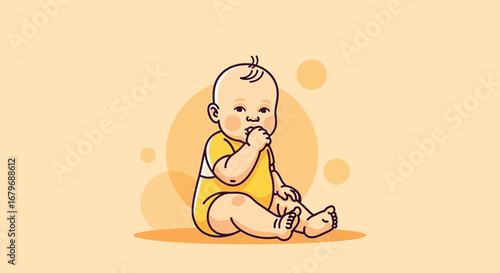 Gentle Baby Portrait Sitting Alone, Digitally Illustrated in Soft Colors For Various Uses
