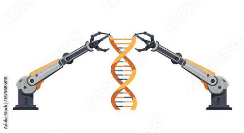 Robotic arms manipulating dna helix in futuristic scientific scene