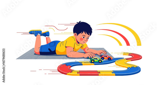 Enthusiastic Youngster Playing With Toy Cars On A Colorful Race Track At Home