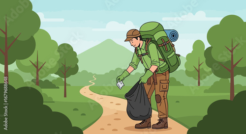 Environmentalism Illustrated: A Hiker Cleans Up Litter On A Scenic Trail