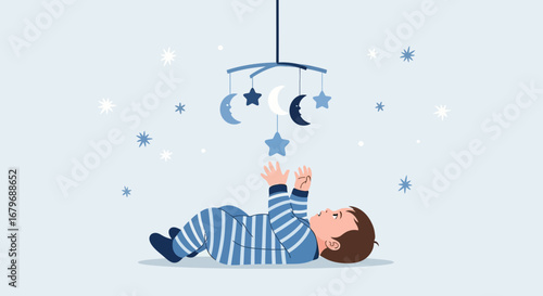 Gentle Dreams: A Peaceful Scene Of A Baby Gazing At A Celestial Mobile, Illustrative