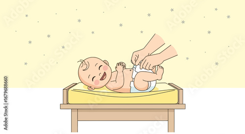 Gentle Diaper Change of a Smiling Infant, Depicting Parental Care and Hygiene Routine