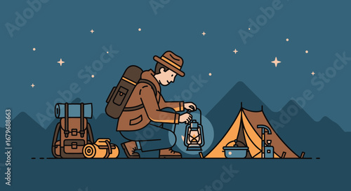 Evening Adventurer Setting Up Camp Under The Sparkling Night Sky for Adventure