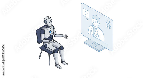3d robot consults with virtual doctor on screen: futuristic healthcare
