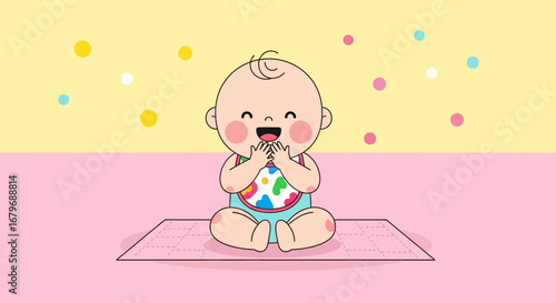 Excited Baby Smiling With Joy Gesturing Hands, Illustration Of Happy Child On Pink Mat